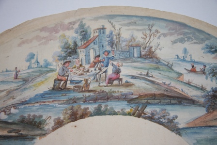 Eighteenth Century Gouache French Fan Design of a Bucolic Scene of Picnickers, with Italianate farmhouses Dotting the Background