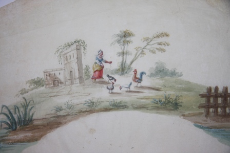 Eighteenth Century Gouache French Fan Design of a Bucolic Scene with a Peasant Woman Feeding Chickens
