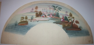 Eighteenth Century Gouache French Fan Design of a Bucolic Scene of Dancers, Two Young Women and a Child Onlookers, Columns in the Background and a Watery Foreground