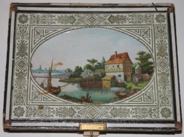 [Faux Book] Box with Oval Cameo Bucolic River View, Elaborate Grecian Ornamental Border, and Gilt and Multi-Color Patterned Edges