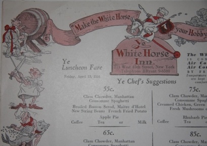 Menu for Ye White Horse Inn, 114 West 45th Street, New York