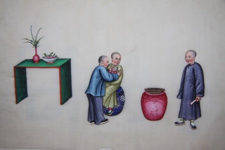 Ten Chinese Gouache Paintings on Pith Paper of Ceremonial, Pedagogical and Domestic Scenes