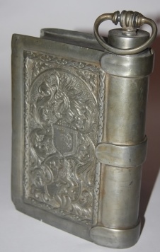 [Faux Book] Pewter Flask Shaped Like a Book with Renaissance-Style Ornamentation Decorating the 