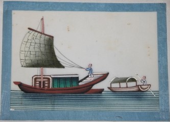 Album of a Dozen Chinese Watercolors of Ships and Boats on Pith Paper