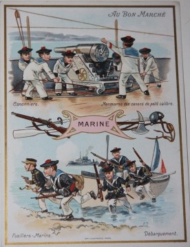 Three Au Bon March Cards Depicting Children in Military Branches: Marine, Infanterie, and Artillerie
