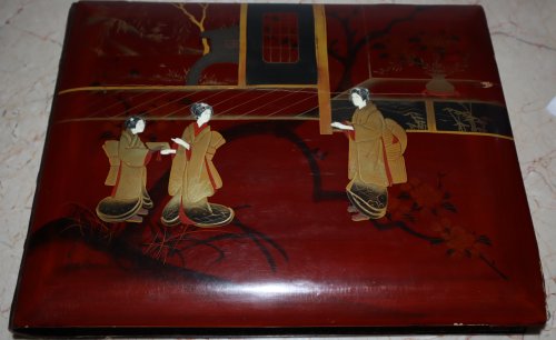 Japanese Lacquer Photo Album, with original paintings done directly onto fabric laid onto card leaves within