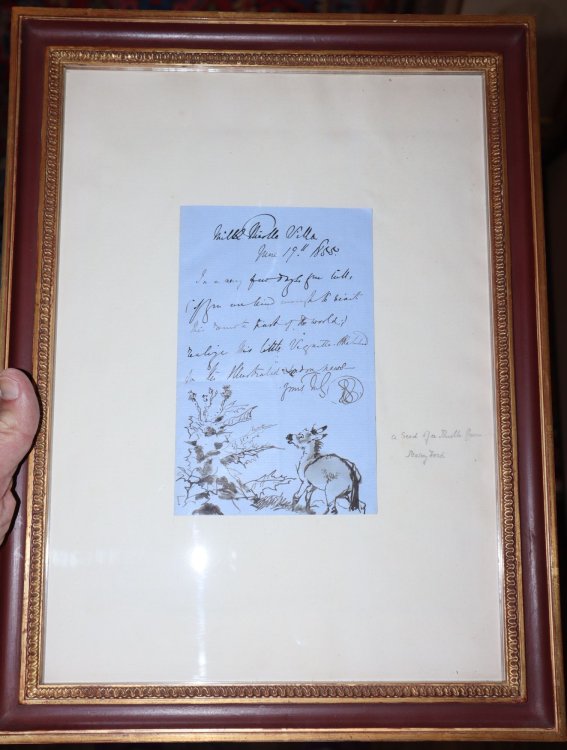 Autographed Letter from Sir Edwin Landseer, dated June 19, 1855, with an original drawing of a donkey by a thistle