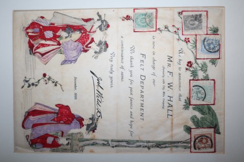 [Japonisme] Business Printed Announcement Letter with Japanese Illustrated Decoration and Japanese Stamps