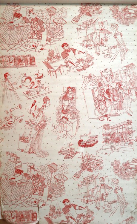 Vintage Toile Wallpaper with Caricatures of Foodies