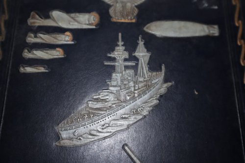 World War Two Era Portfolio and Portable Desk, with Embossed Imagery of Bald Eagle, War Planes, a Warship, a Blimp, a Tank and and a Cannon