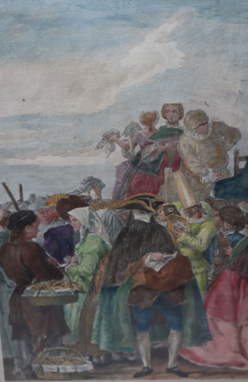 Eighteenth Century Italian Lively Carnevale Street Scene Print -- Masqueraders Milling About with Street Vendors, as a Man in Non-Priestly Attire Delivers a Sermon with Few Paying Attention