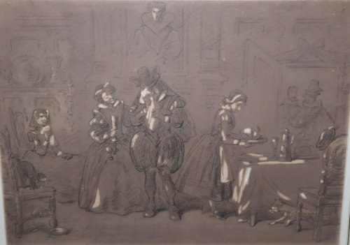 [Original Artwork] Drawing of 17th Century Scene of Mourners in a Dining Room. 