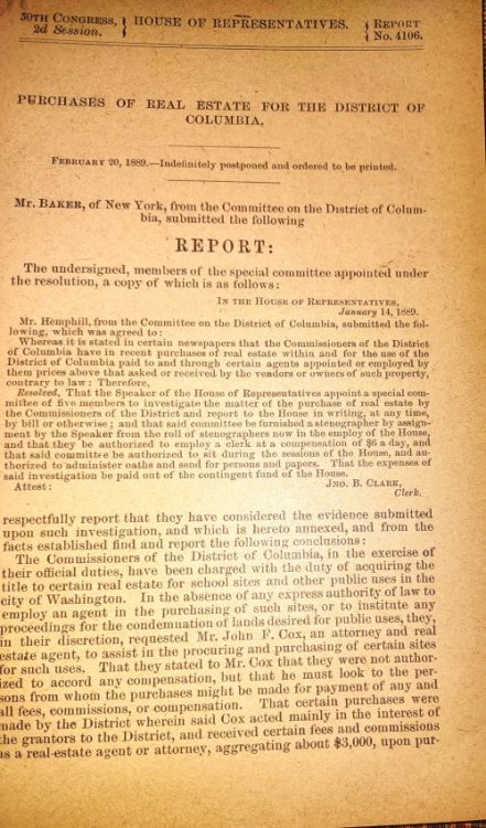 Purchases of Real Estate for the District of Columbia Mr. Baker, of New York, from the Committee on the District of Columbia, submitted the following REPORT
