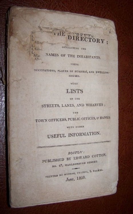The Boston Directory - Containing the Names of the Inhabitants, Their Occupations, Places of Business, and Dwelling-Houses. with Lists of the Streets, Lanes, and Wharves; the Town Officers, Public Offices, & Banks. with Other Useful Information.
