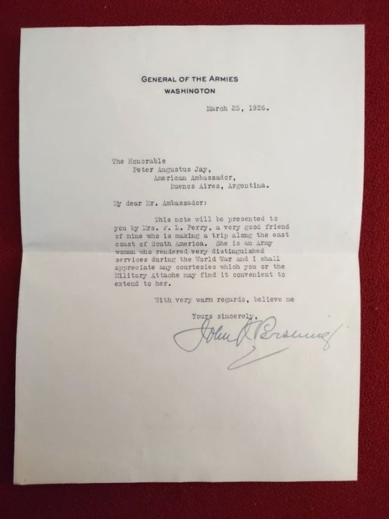 Autographed Typed Letter from General John J. Pershing to Hon. Peter Augustus Jay in Original Envelope with printed calling card laid-in