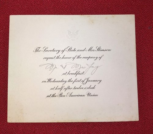 Engraved INVITATION from Secretary of State and Mrs. STIMSON to a Breakfast at the Pan American Union to Mr. and Mrs. Peter Augustus Jay