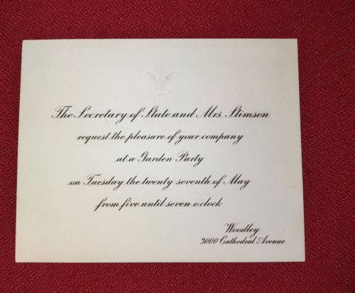 Engraved INVITATION from Secretary of State and Mrs. STIMSON to a Garden Party to Mr. and Mrs. Peter Augustus Jay
