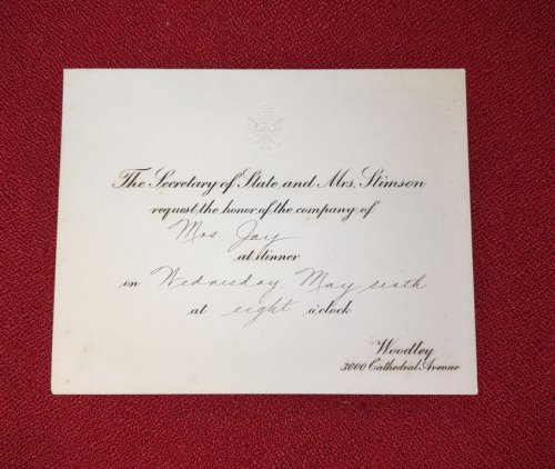 Engraved INVITATION from Secretary of State and Mrs. STIMSON to a Dinner Party to Mrs. Peter Augustus Jay
