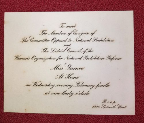 Engraved INVITATION from Miss Guernee to meet on National Prohibition Reform