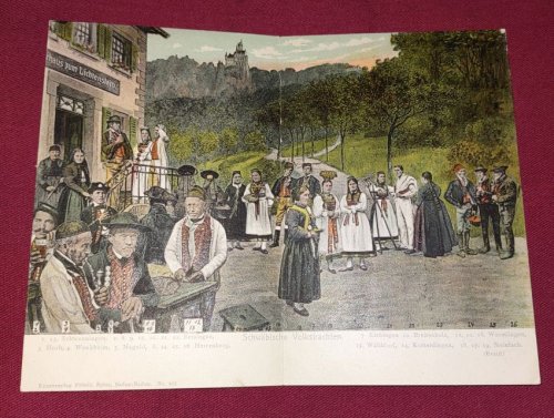 Schwabische Volkstrachten [Double-sized colour litho postcard 1903]