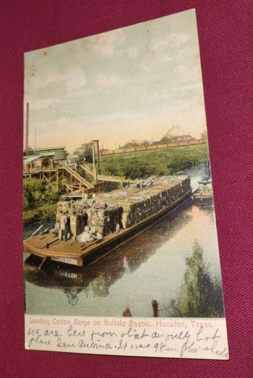 Loading Cotton Barge on Buffalo Bayou, Houston, Texas - Colour lithograph postcard (UDB)