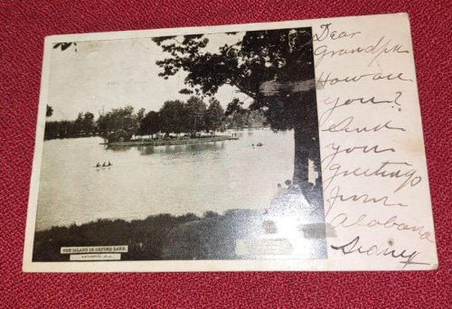 The Island in Oxford Lake - Amniston, Alabama - B&W UDB Postcard