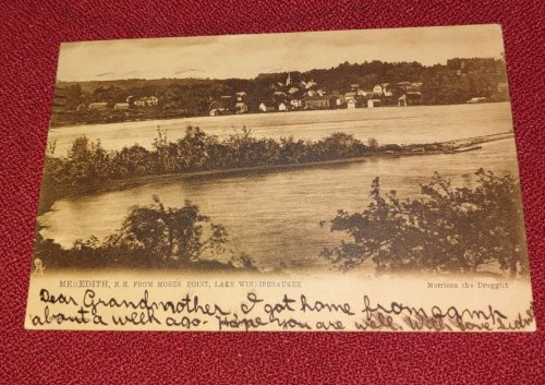 Meredith, N.H. from Moses Point, Lake Winnipesaukee - Sepia toned b&w UDB Postcard Morrison the Druggist