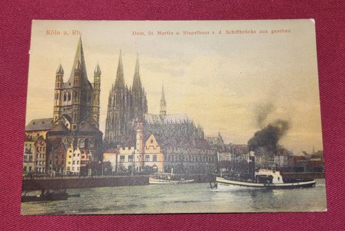 Koln a Rh. Dom. St Martin u. Stapelhaus v. d. Schiffbrucke aus gesehen DB colour lithograph Postcard
