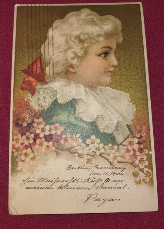 Young Boy [Mozart] in 18th century garb with cherry blossoms - UDB colour lithograph Postcard