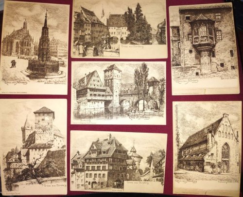 Gruss aus Nurnberg - 1904 FIVE Postcards after drawings - Sepia toned b&w UDB Postcards