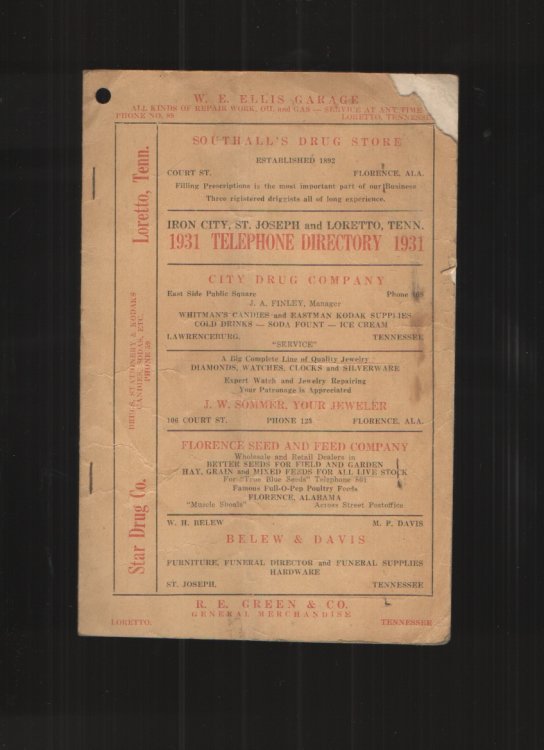 1931 Telephone Directory for Iron City, St. Joseph and Loretto, Tennessee