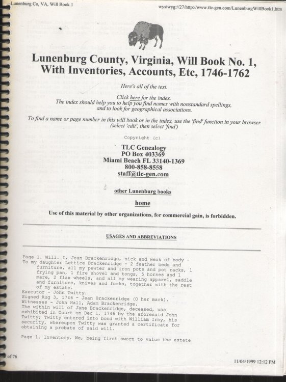 Lunenburg County, Virginia, Will Book No. 1, with Inventories, Accounts, Etc. , 1746-1762