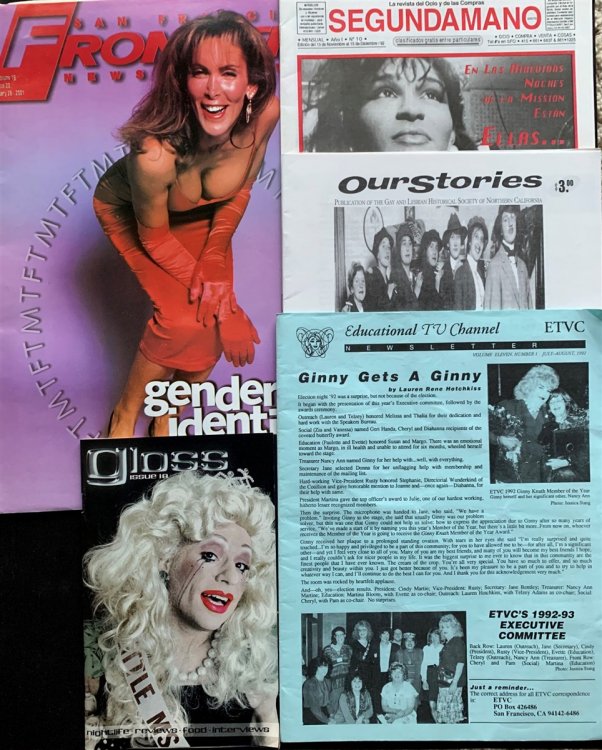 9 Items: Ginny Gets a Ginny; Our Stories; Segundamano, San Francisco Frontiers, Glass Issue 18, Along with One Custom Compilation, Along with Three Handbills for Shows in San Francisco: Poco Ritard, the Cockettes, Drag Queens in Outer Space.