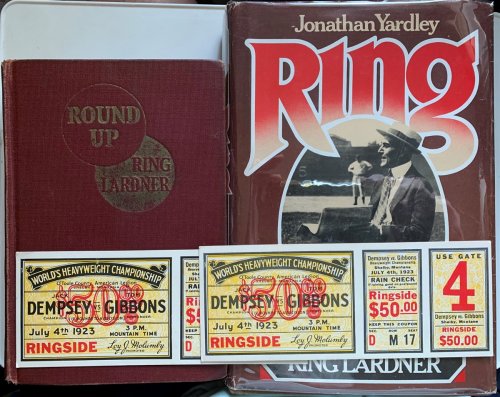 [3 Items] Round Up, the Stories of Ring Lardner; Ring, a Biography; Two Facsimile Postcards of the Dempsey Vs. Gibbons Ringside Tickets.
