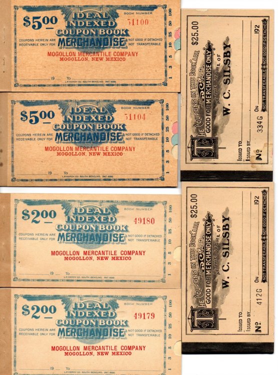 140 Unused Coupon Books in Original Hardy's Indexed Coupon Book Box. Including 113 Coupon Books for Mogollon Mercantile Company, Mogollon New Mexico, and 27 Coupon Books for W. C. Silsby, Tyrone New Mexico.