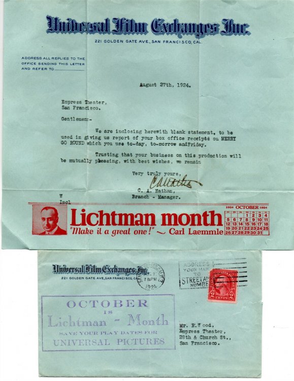 [Letterhead & Cover] Universal Film Exchanges, Inc.