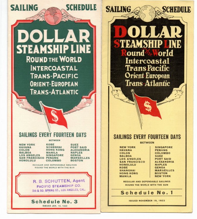 2 Brochures for the Dollar Steam Ship Line. Schedule No. 1, Novermber 19, 1923; Schedule No. 3. January 15, 1925