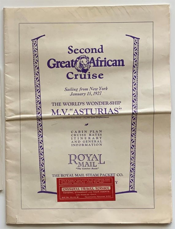 Second Great African Cruise, Sailing from New York, January 15, 1927; the World's Wonder-Ship, M. V. 