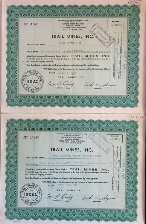 2 Items: Trail Mines, Inc. - Stock Certificates. One Issued to Merrill Lynch, Pierce, Fenner & Beane; One to Dean Witter & Co.