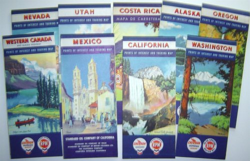 Lot of 9 Chevron Road Maps Including: Costa Rica, Mexico, Western Canada, Alaska, Oregon, Utah, Washington, California, Nevada.