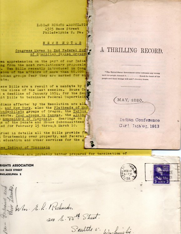 A Thrilling Record. (Our Covenants with the Indians) Together with a Typed Letter: Indian Rights Association, News Notes, 1954