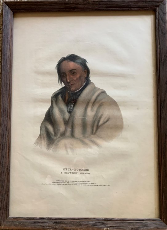 Mets-Koosega, A Chippeway Warrior. Original hand-colored lithographic plate. From the painting by James Otto Lewis, copied by Charles Bird King.