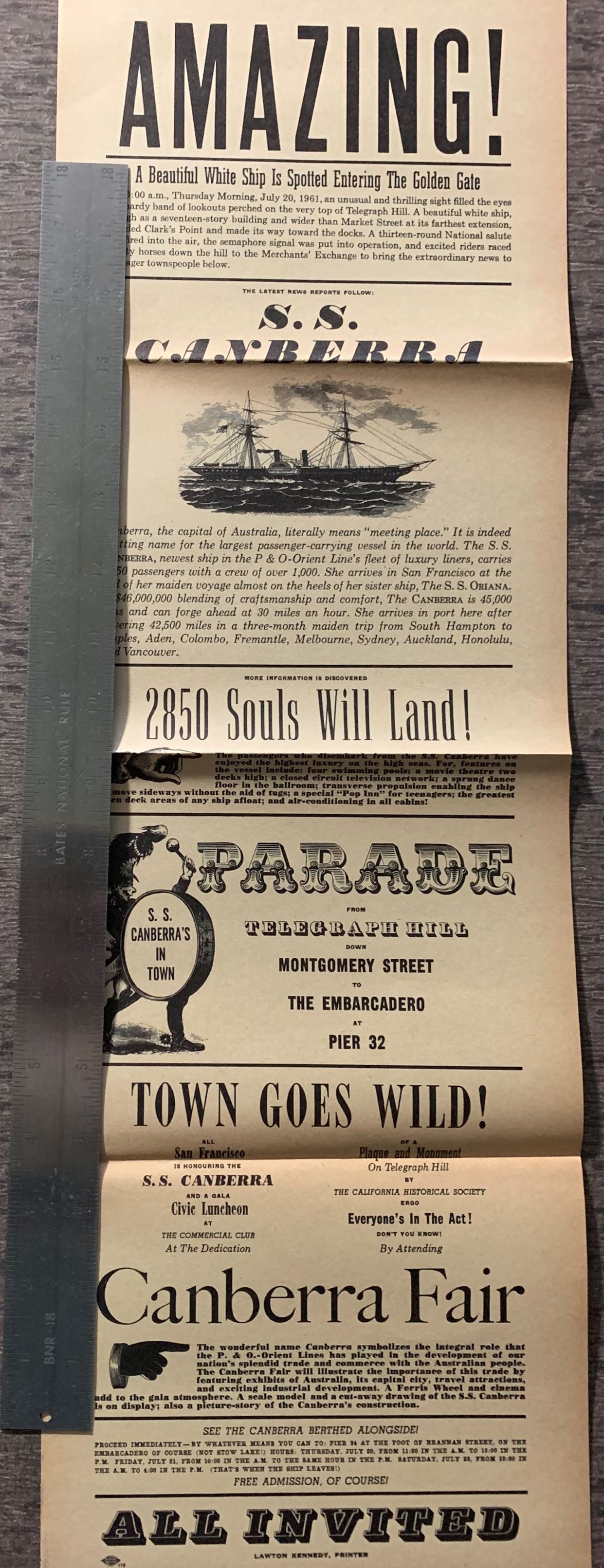 [Printed Broadside] AMAZING! A Beautiful White Ship Is Spotted Entering the Golden Gate, At 10:00 a.m., Thursday Morning, July 20, 1961, an unusual and thrilling sight filled the eyes of a hardy band of lookouts perched on the very top of Telegraph Hill.