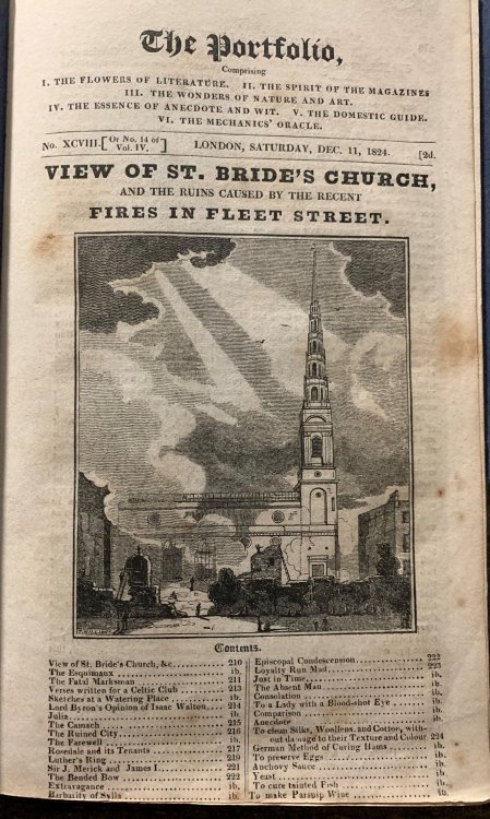 The Portfolio. View of St. Bride's Church, and the Ruins Caused by the Recent Fires in Fleet Street. No. XCVIII [or No. 113 of Vol. IV]; Saturday, Dec. 11, 1824.