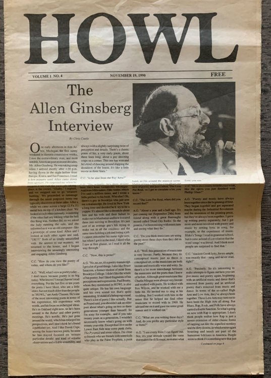 Howl. Volume 1 No. 4, November 19, 1990; The Allen Ginsberg Interview [cover title].