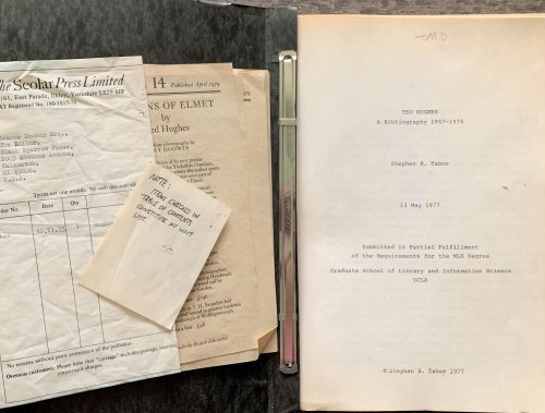 [Typed, Xerox Manuscript] Ted Hughes, A Bibliography 1957-1975. 13 May 1977; Submitted in Partial Fulfillment of the Requirements for the MLS Degree, Graduate School of Library and Information Science, UCLA