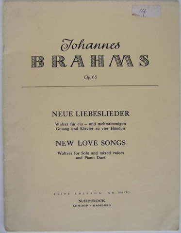 Neue Liebeslieder. Walzer fur ein - und mehrstimmigen Gesang und Klavier zu vier Handen. Op. 65.