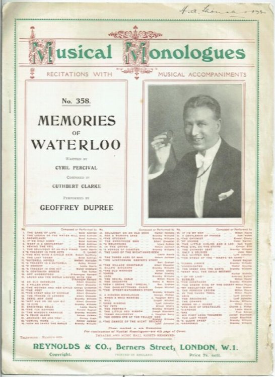 Memories of Waterloo, as performed by Geoffrey Dupree. (Reynolds & Co., Musical Monologues)
