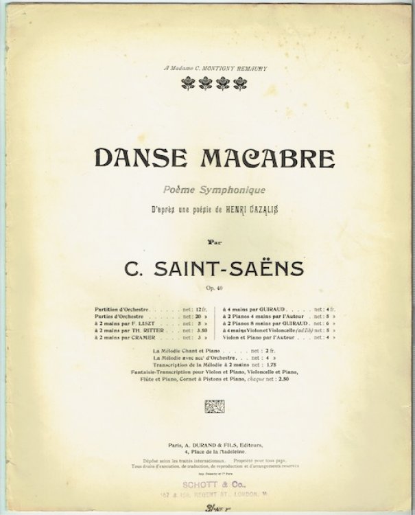 Danse Macabre: Poeme Symphonique Dapres une poesie de Henri Cazalis, Op. 40. Piano a 2 mains par Cramer