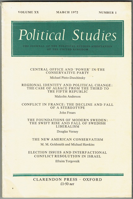Political Studies: The Journal Of The Political Studies Association Of The United Kingdon. Volume XX, Number 1, March 1972